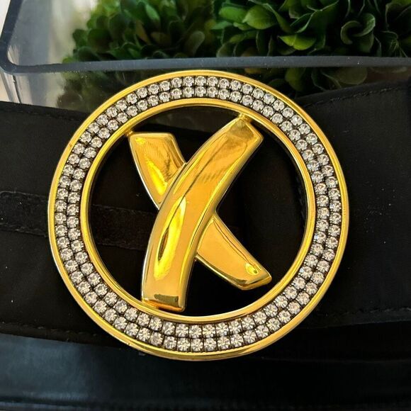Paloma Picasso 80s Vintage large buckle rhinestone wide leather belt with satin main image 4